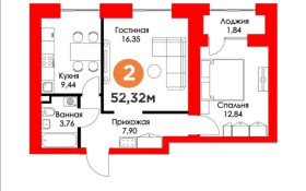 Продажа 2-комнатной квартиры, 52.32 м, Баглановой, дом 12