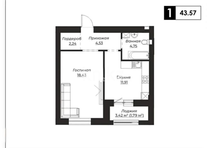 Продажа 1-комнатной квартиры, 43.3 м² - Продажа однокомнатных квартир в р-не Есиль Астаны - страница 20 фото 1 из 1
