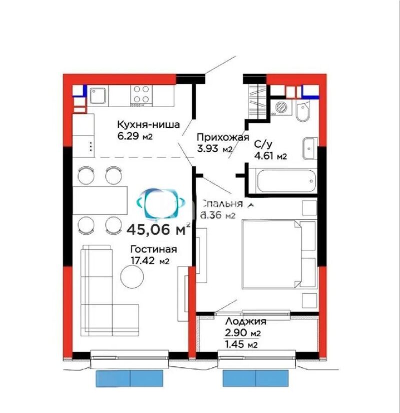 Продажа 2-комнатной квартиры, 45 м² - Продажа двухкомнатных квартир в монолитном доме в Казахстане - страница 12 фото 1 из 1