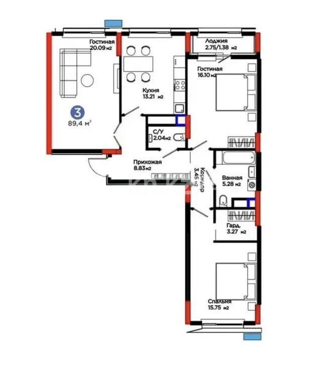 Продажа 3-комнатной квартиры, 90 м² - Продажа трехкомнатных квартир в блочном доме в Казахстане фото 1 из 1