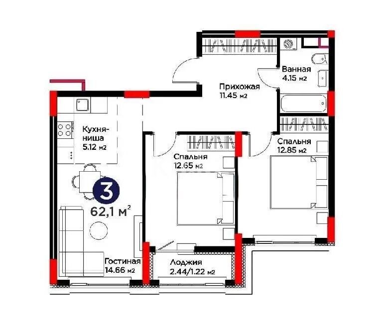Продажа 3-комнатной квартиры, 61 м² - Продажа квартир в монолитном доме в Астане - страница 4 фото 1 из 1