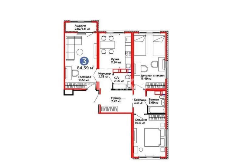 Продажа 3-комнатной квартиры, 84.59 м² - Продажа квартир в монолитном доме в Астане - страница 3 фото 1 из 1