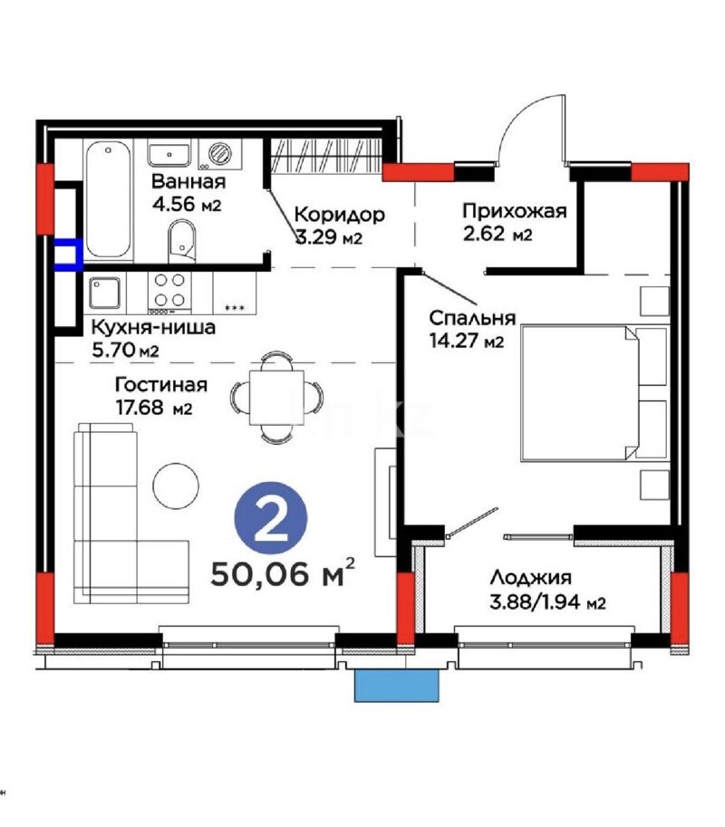 Продажа 2-комнатной квартиры, 50.06 м² - Продажа двухкомнатных квартир в монолитном доме в Астане фото 1 из 1
