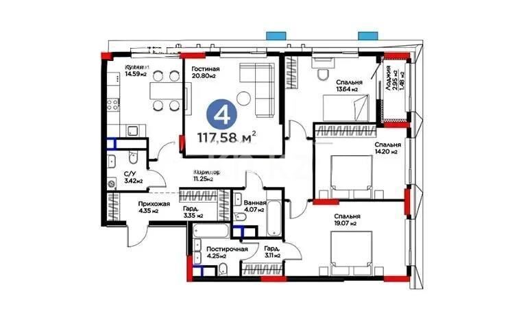 Продажа 4-комнатной квартиры, 117.58 м² - Продажа квартир в блочном доме в Астане - страница 157 фото 1 из 1
