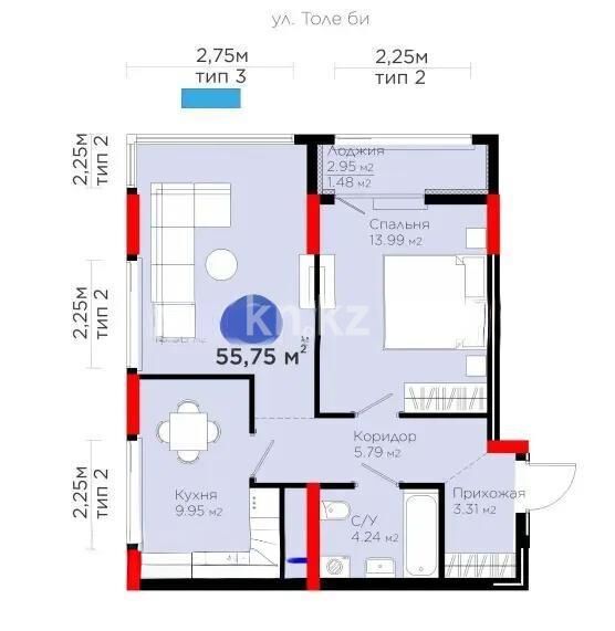 Продажа 2-комнатной квартиры, 55.75 м² - Продажа двухкомнатных квартир в монолитно-каркасном доме в Астане - страница 2 фото 1 из 1