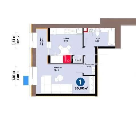 Продажа 1-комнатной квартиры, 35.8 м² - Продажа  однокомнатных квартир в новостройках Астаны фото 1 из 1