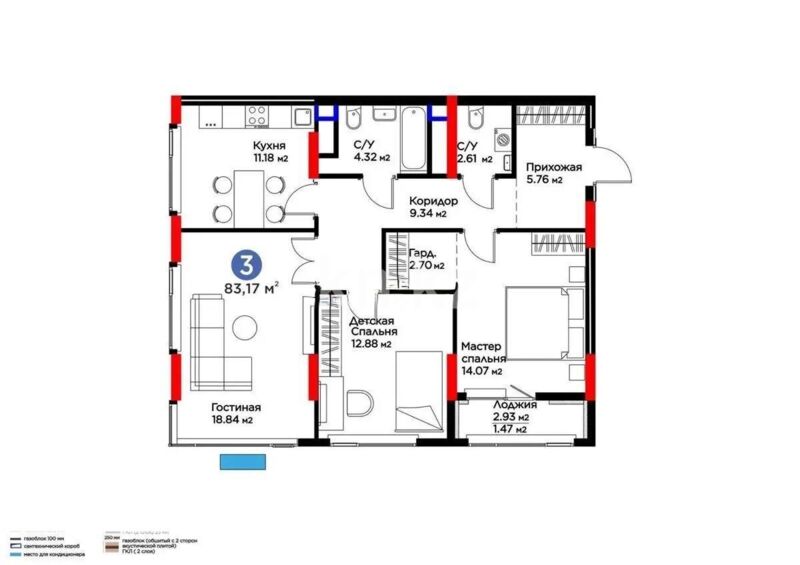 Продажа 3-комнатной квартиры, 83 м² - Продажа трехкомнатных квартир в монолитно-каркасном доме в Казахстане - страница 18 фото 1 из 1