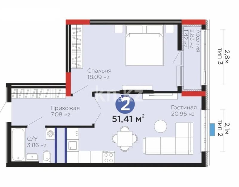 Продажа 2-комнатной квартиры, 51.41 м² - Продажа двухкомнатных квартир в блочном доме в Астане - страница 50 фото 1 из 1