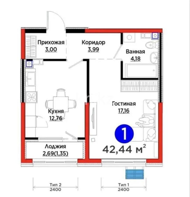 Продажа 1-комнатной квартиры, 42 м² - Продажа  однокомнатных квартир в новостройках Алматы - страница 9 фото 1 из 1