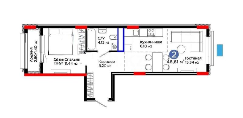 Продажа 2-комнатной квартиры, 46.61 м² - Продажа двухкомнатных квартир в Казахстане - страница 2 фото 1 из 1