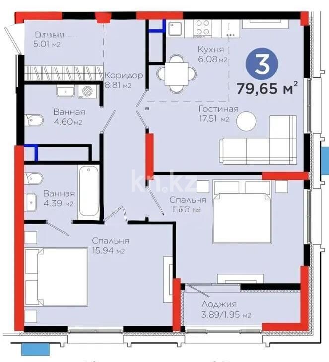 Продажа 3-комнатной квартиры, 79.65 м² - Продажа трехкомнатных квартир в блочном доме в Казахстане - страница 43 фото 1 из 1