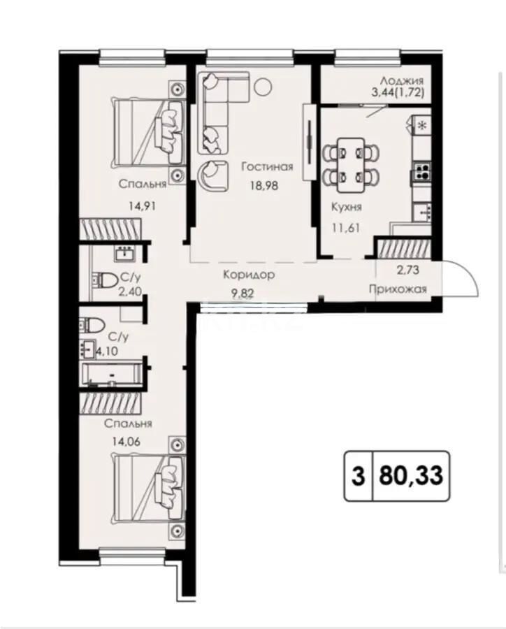 Продажа 3-комнатной квартиры, 80.33 м² - Продажа трехкомнатных квартир в монолитном доме в Казахстане - страница 2 фото 1 из 1