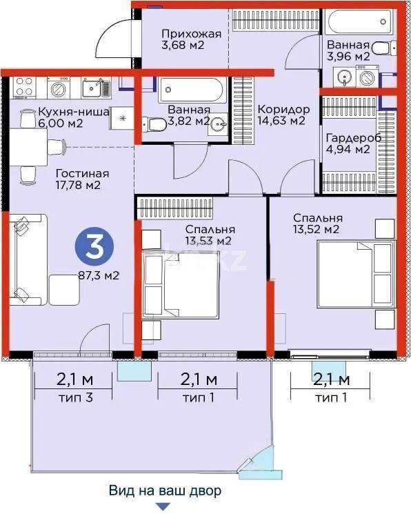 Продажа 3-комнатной квартиры, 87.3 м² - Продажа трехкомнатных квартир в Турксибском р-не Алматы - страница 5 фото 1 из 1