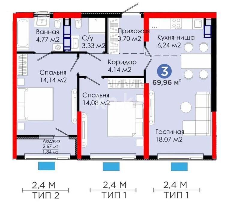 Продажа 3-комнатной квартиры, 69.96 м² - Продажа трехкомнатных квартир в монолитном доме в Алматы - страница 3 фото 1 из 1