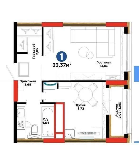 Продажа 1-комнатной квартиры, 33.37 м² - Продажа однокомнатных квартир в р-не Нура Астаны фото 1 из 1