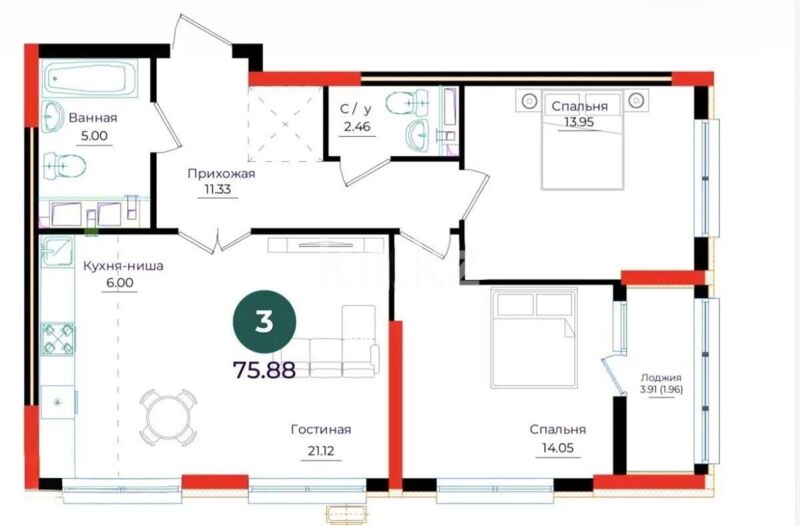 Продажа 3-комнатной квартиры, 76 м² - Продажа трехкомнатных квартир в р-не Сарыарка Астаны - страница 3 фото 1 из 1