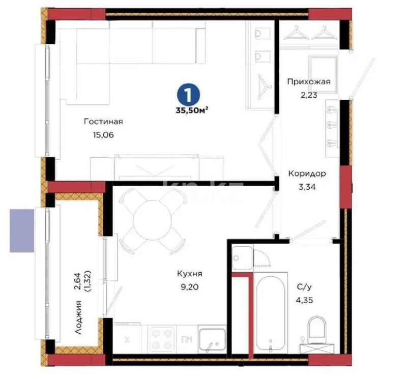 Продажа 1-комнатной квартиры, 35.5 м² - Продажа однокомнатных квартир в блочном доме в Казахстане - страница 48 фото 1 из 1