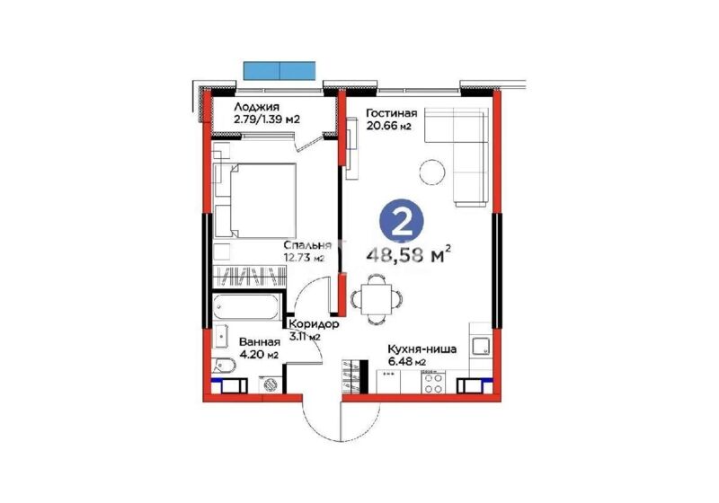 Продажа 2-комнатной квартиры, 48.58 м² - Продажа двухкомнатных квартир в монолитном доме в Казахстане - страница 8 фото 1 из 1