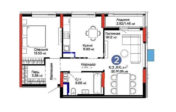 Продажа 2-комнатной квартиры, 62.85 м² - Продажа квартир в монолитно-каркасном доме в Астане - страница 130 фото 1 из 1