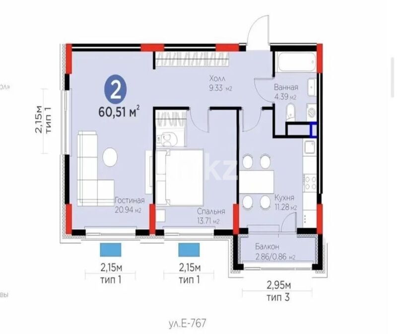 Продажа 2-комнатной квартиры, 60.51 м² - Продажа двухкомнатных квартир в р-не Есиль Астаны - страница 26 фото 1 из 1