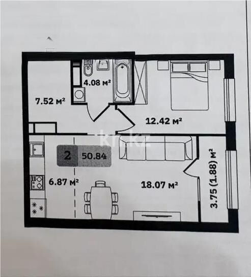 Продажа 2-комнатной квартиры, 51 м² - Продажа двухкомнатных квартир в Турксибском р-не Алматы - страница 3 фото 1 из 1