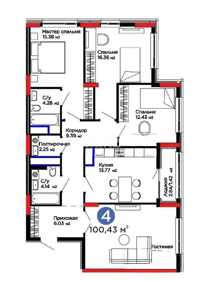 Продажа 4-комнатной квартиры, 100.43 м² - Продажа четырехкомнатных квартир в блочном доме в Казахстане - страница 7 фото 1 из 1