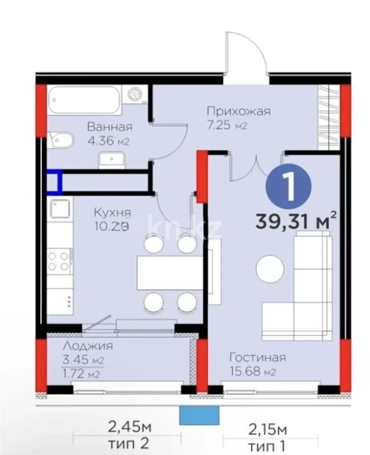 Продажа 1-комнатной квартиры, 39.31 м² - Продажа однокомнатных квартир в р-не Есиль Астаны фото 1 из 1