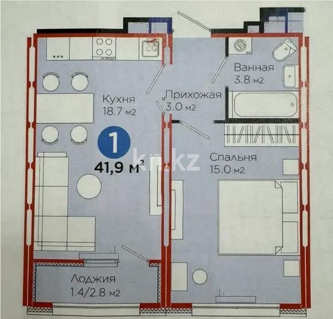 Продажа 1-комнатной квартиры, 41.9 м² - Продажа однокомнатных квартир в блочном доме в Казахстане - страница 45 фото 1 из 1
