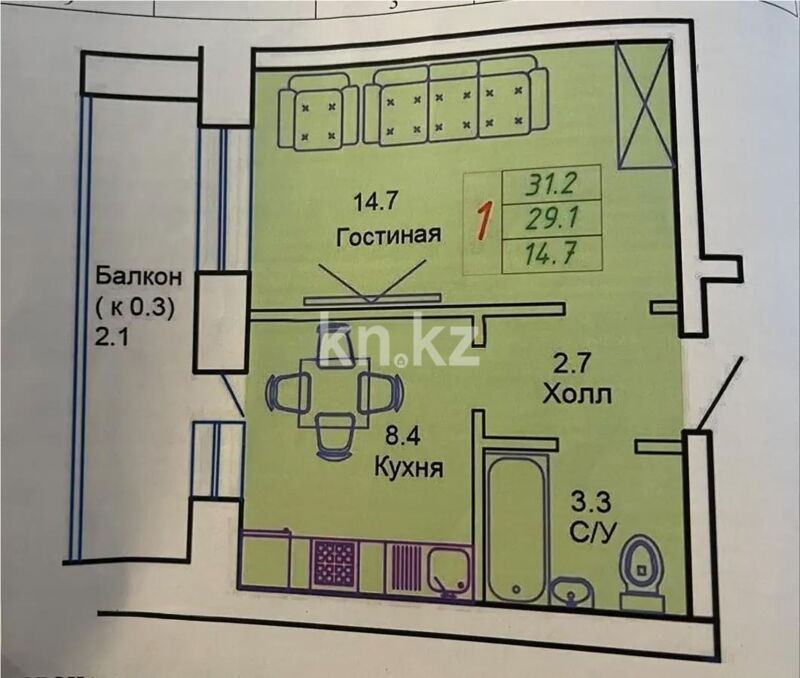 Продажа 1-комнатной квартиры, 31.2 м² - Продажа однокомнатных квартир в р-не Нура Астаны - страница 34 фото 1 из 1