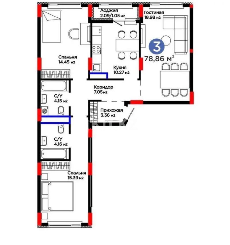 Продажа 3-комнатной квартиры, 78.86 м² - Продажа квартир в монолитно-каркасном доме в Астане - страница 129 фото 1 из 1