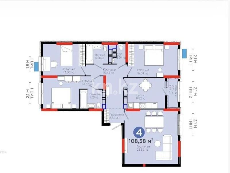 Продажа 4-комнатной квартиры, 110 м² - Продажа четырехкомнатных квартир в блочном доме в Казахстане фото 5 из 5