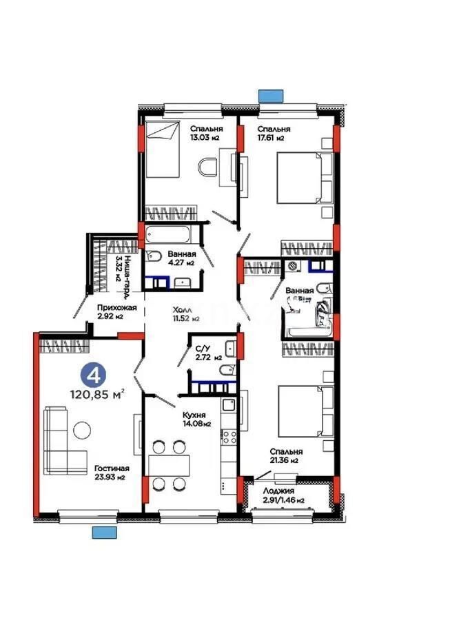 Продажа 4-комнатной квартиры, 120.85 м² - Продажа четырехкомнатных квартир в кирпичном доме в Казахстане - страница 19 фото 1 из 1