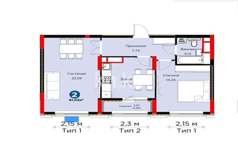Продажа 2-комнатной квартиры, 61 м² - Продажа квартир в монолитном доме в Астане фото 1 из 1