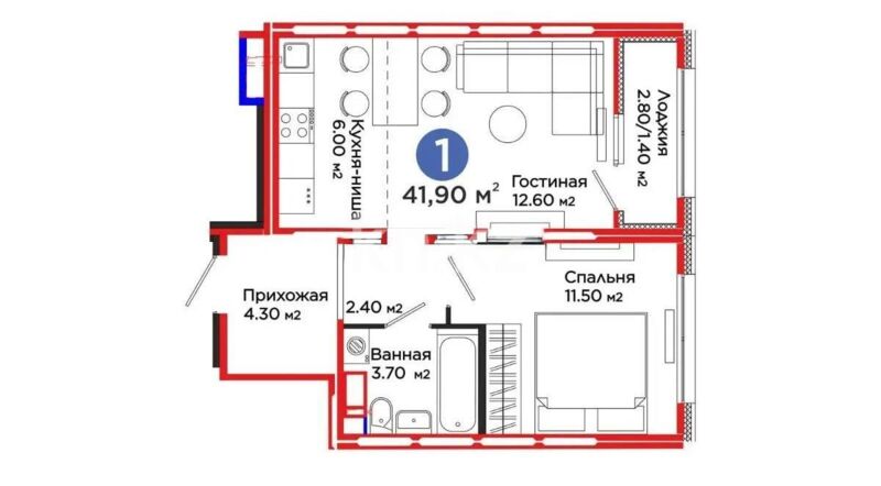 Продажа 1-комнатной квартиры, 41.9 м² - Продажа однокомнатных квартир в блочном доме в Казахстане - страница 50 фото 1 из 1
