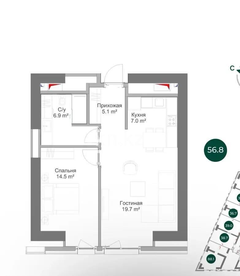 Продажа 2-комнатной квартиры, 57 м² - Продажа двухкомнатных квартир в Жетысуском р-не Алматы - страница 10 фото 1 из 1