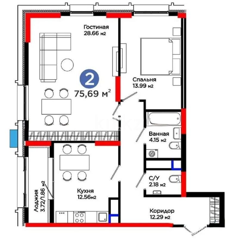 Продажа 2-комнатной квартиры, 75.69 м² - Продажа двухкомнатных квартир в блочном доме в Астане - страница 2 фото 1 из 1