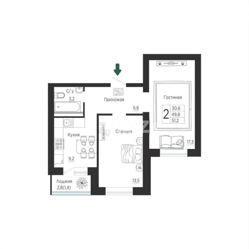 Продажа 2-комнатной квартиры, 52 м² - Продажа двухкомнатных квартир в р-не Косшы Астаны - страница 3 фото 1 из 1