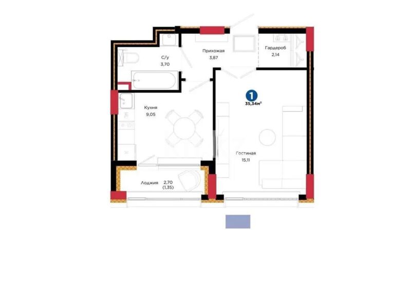 Продажа 1-комнатной квартиры, 35.34 м² - Продажа однокомнатных квартир в блочном доме в Казахстане - страница 45 фото 1 из 1