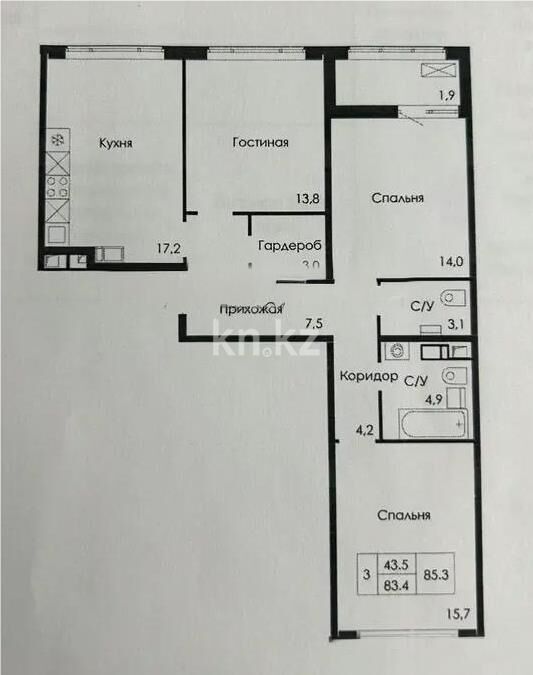Продажа 3-комнатной квартиры, 85.3 м² - Продажа трехкомнатных квартир от собственников в Астане фото 1 из 1