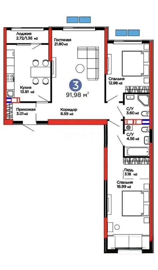 Продажа 3-комнатной квартиры, 92 м² - Продажа трехкомнатных квартир в монолитном доме в Казахстане фото 1 из 1