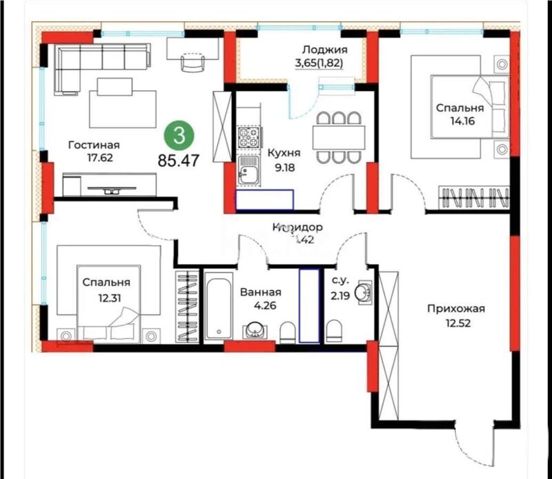 Продажа 3-комнатной квартиры, 85.47 м² - Продажа трехкомнатных квартир в блочном доме в Казахстане - страница 30 фото 1 из 1
