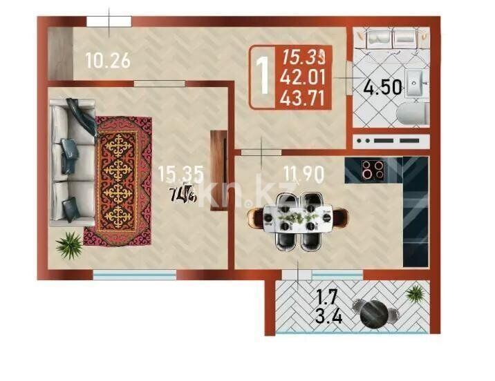 Продажа 1-комнатной квартиры, 43.71 м² - Продажа однокомнатных квартир в Астане - страница 4 фото 1 из 1