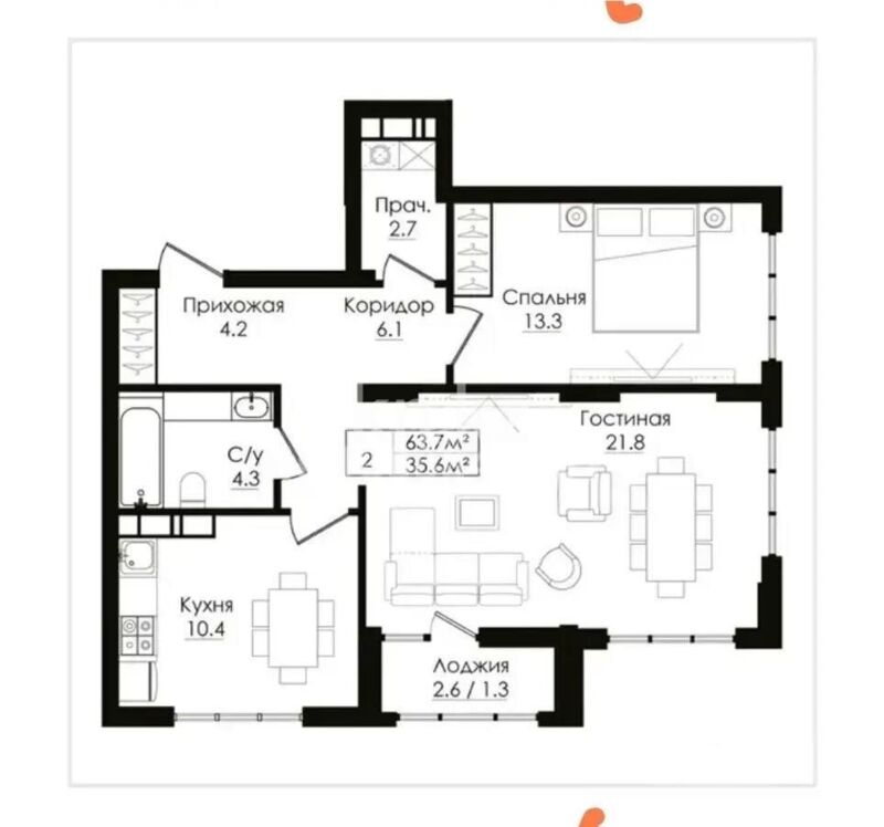 Продажа 2-комнатной квартиры, 64 м² - Продажа квартир в блочном доме в Астане - страница 2 фото 6 из 6