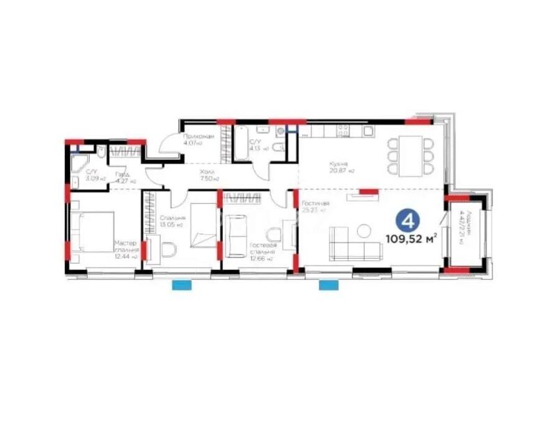 Продажа 4-комнатной квартиры, 109.52 м² - Продажа четырехкомнатных квартир в блочном доме в Казахстане - страница 5 фото 1 из 1