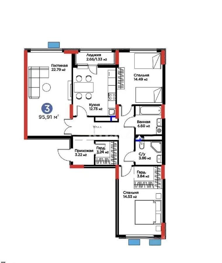 Продажа 3-комнатной квартиры, 95.91 м² - Продажа квартир в монолитно-каркасном доме в Астане - страница 117 фото 1 из 1