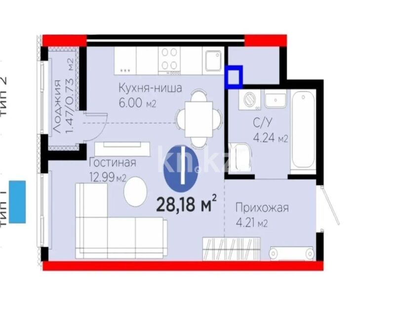 Продажа 1-комнатной квартиры, 29 м² - Продажа однокомнатных квартир в монолитно-каркасном доме в Казахстане - страница 11 фото 1 из 1