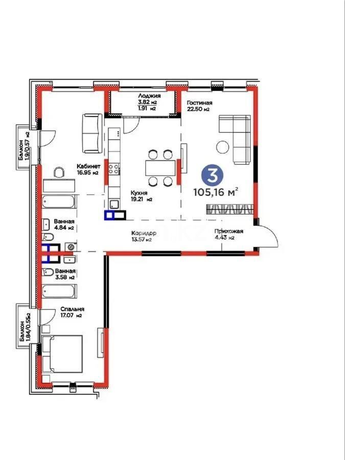 Продажа 3-комнатной квартиры, 105 м² - Продажа трехкомнатных квартир в Казахстане - страница 9 фото 1 из 1