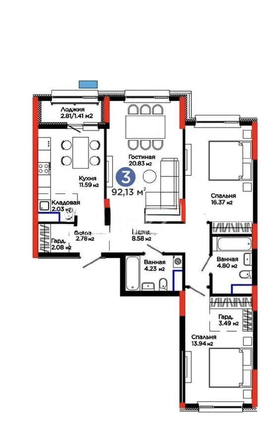 Продажа 3-комнатной квартиры, 92.13 м² - Продажа квартир в монолитном доме в Астане - страница 11 фото 1 из 1