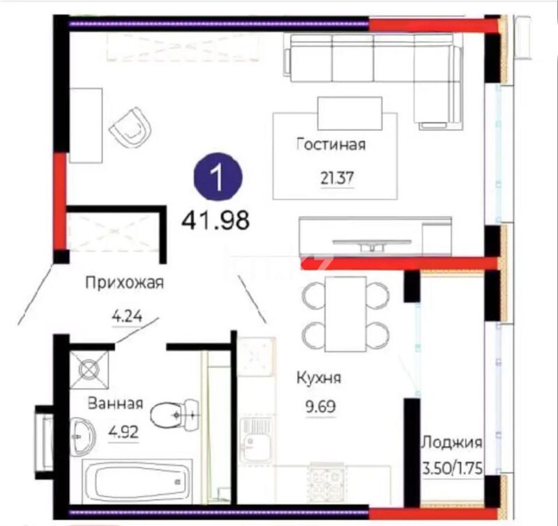Продажа 1-комнатной квартиры, 41.98 м² - Продажа однокомнатных квартир в блочном доме в Казахстане - страница 45 фото 1 из 1