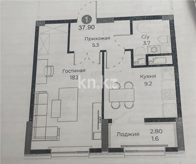 Продажа 1-комнатной квартиры, 38 м² - Продажа квартир в Казахстане - страница 3 фото 1 из 1